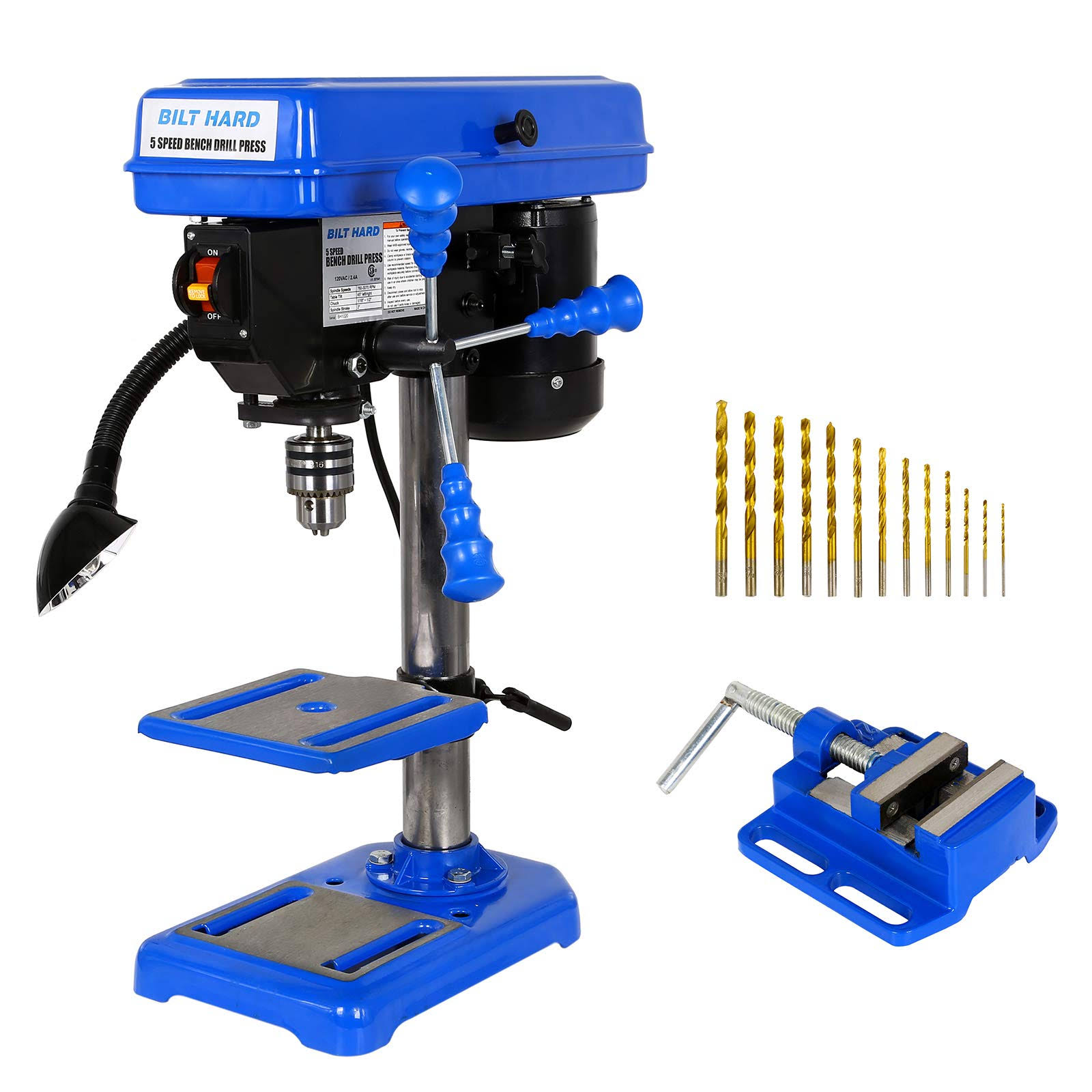 Bilt Hard 8 inch 5-Speed Drill Press with Worklight, Benchtop Drill Machine with Drill Vise and Bit Set