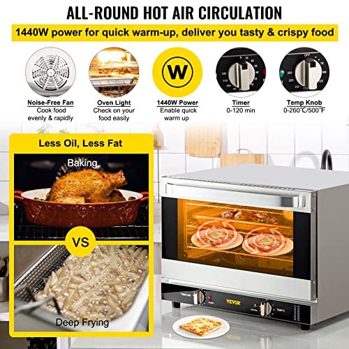 VEVOR Commercial Convection Oven, Conventional Oven Countertop, Toaster w/Front Glass Door, Electric Baking Oven w/Trays Wire Racks Clip Gloves, 120V