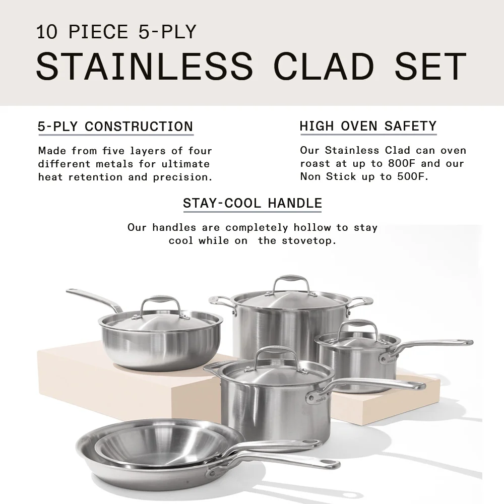 Made In Cookware - 10 Pc Stainless Steel Pot Pan Set - 5 Ply Clad