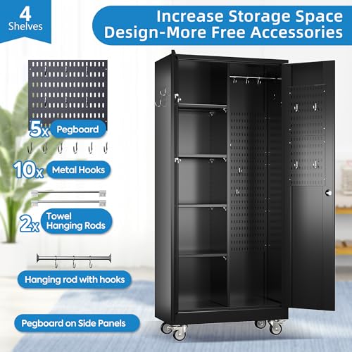 Garage Storage Cabinet with Wheels & Pegboard, 72" H Locking Metal Storage Cabinet with Doors and 4 Adjustable Shelves for Garage Workshop Home