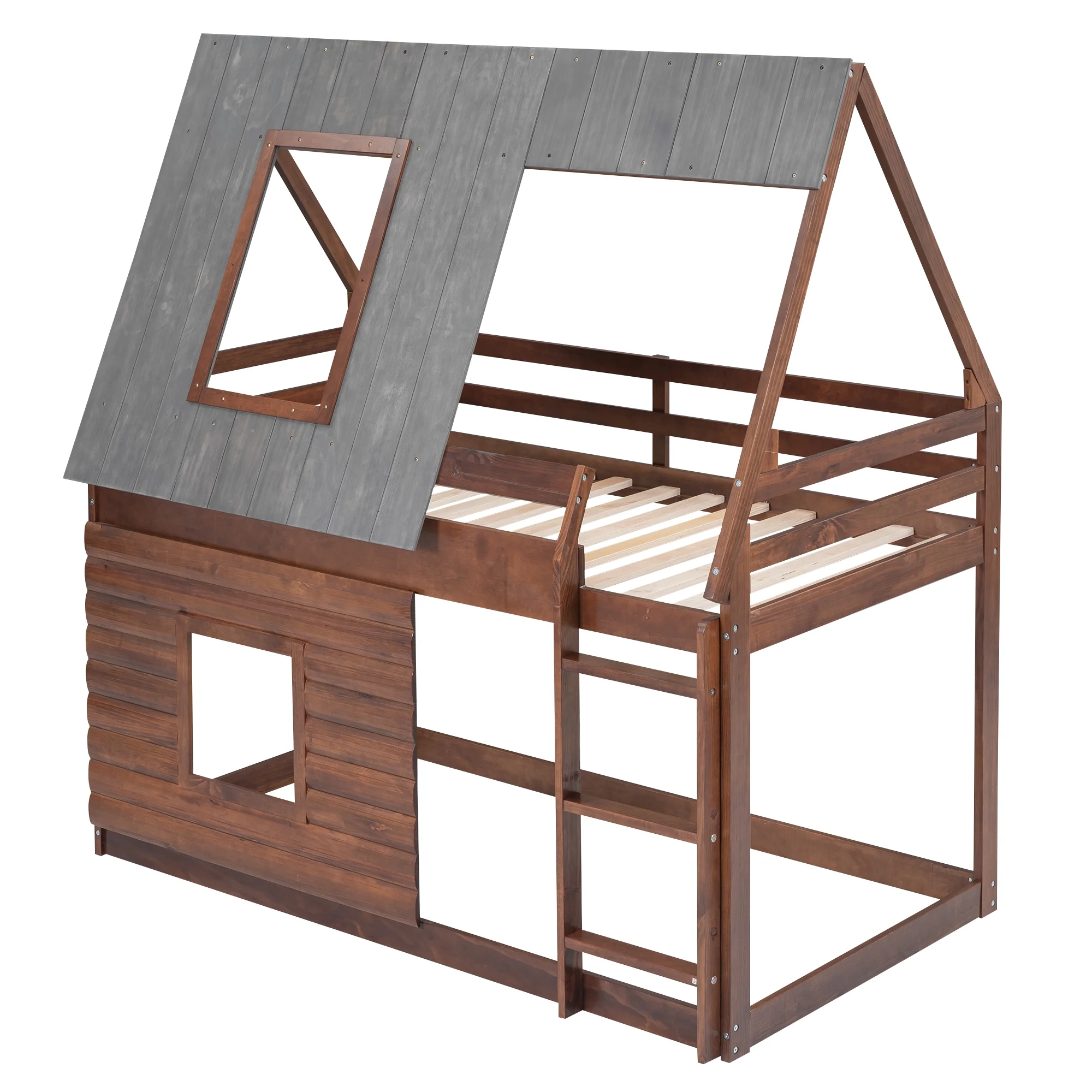 EUROCO Twin over Twin House Bunk Bed with Roof for Kids Bedroom, Grey