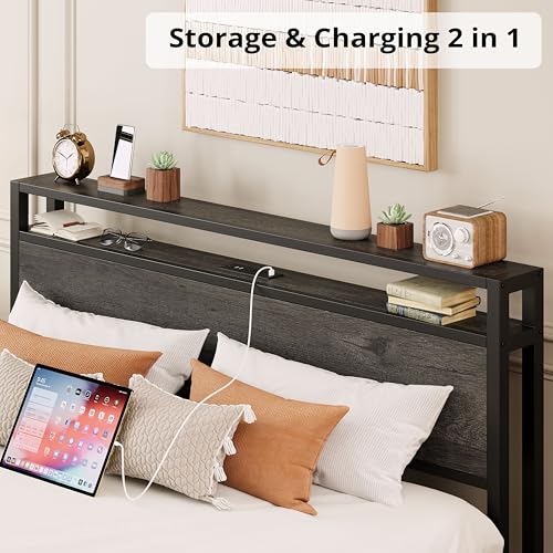 LIKIMIO King Bed Frame with Storage Headboard, Platform Bed with Drawers and Charging Station, No Box Spring Needed, Easy Assembly, Vintage Brown