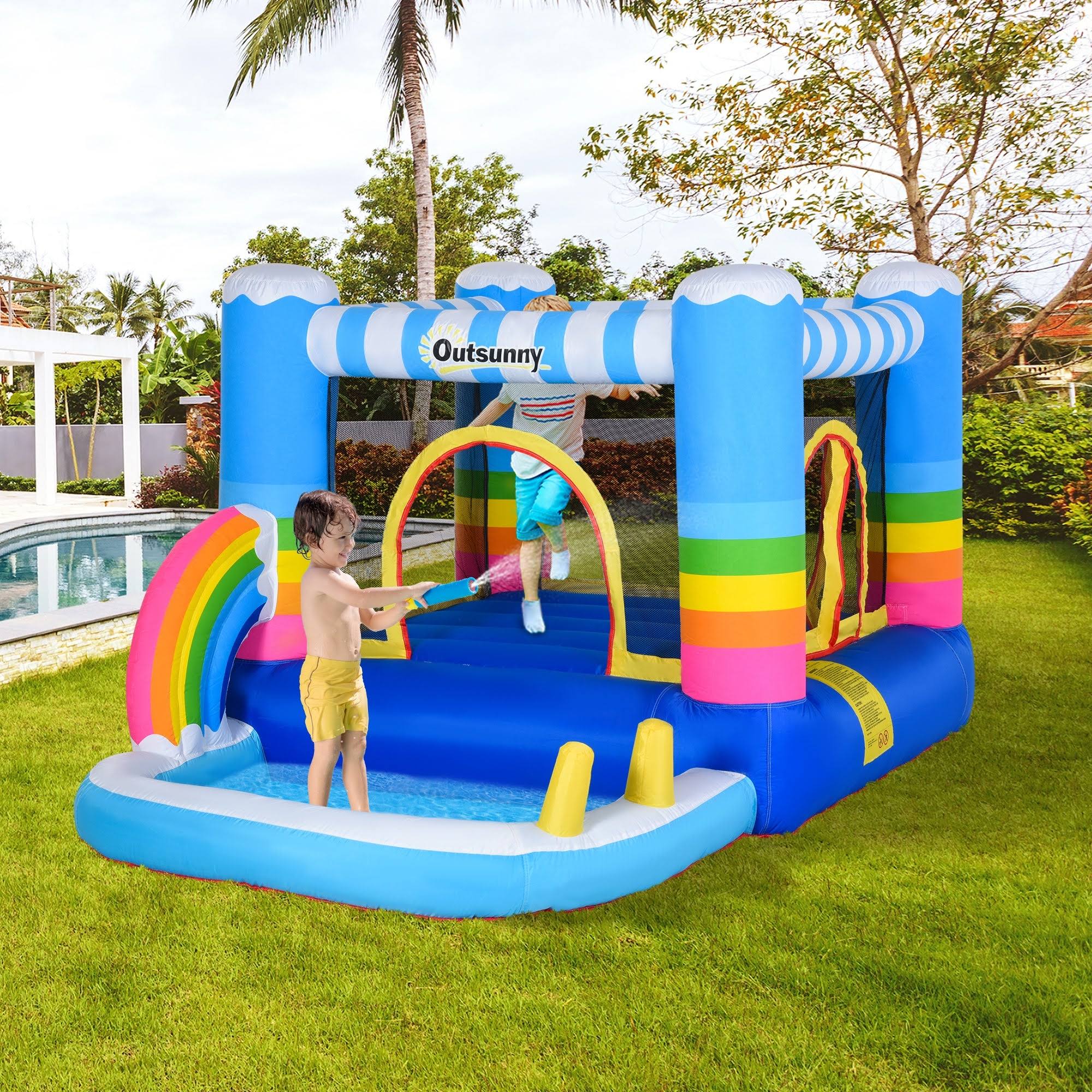 Outsunny 2-in-1 Kids Inflatable Bounce House Jumping Castle with Trampoline and Pool, with Carry Bag u0026 Inflator Included