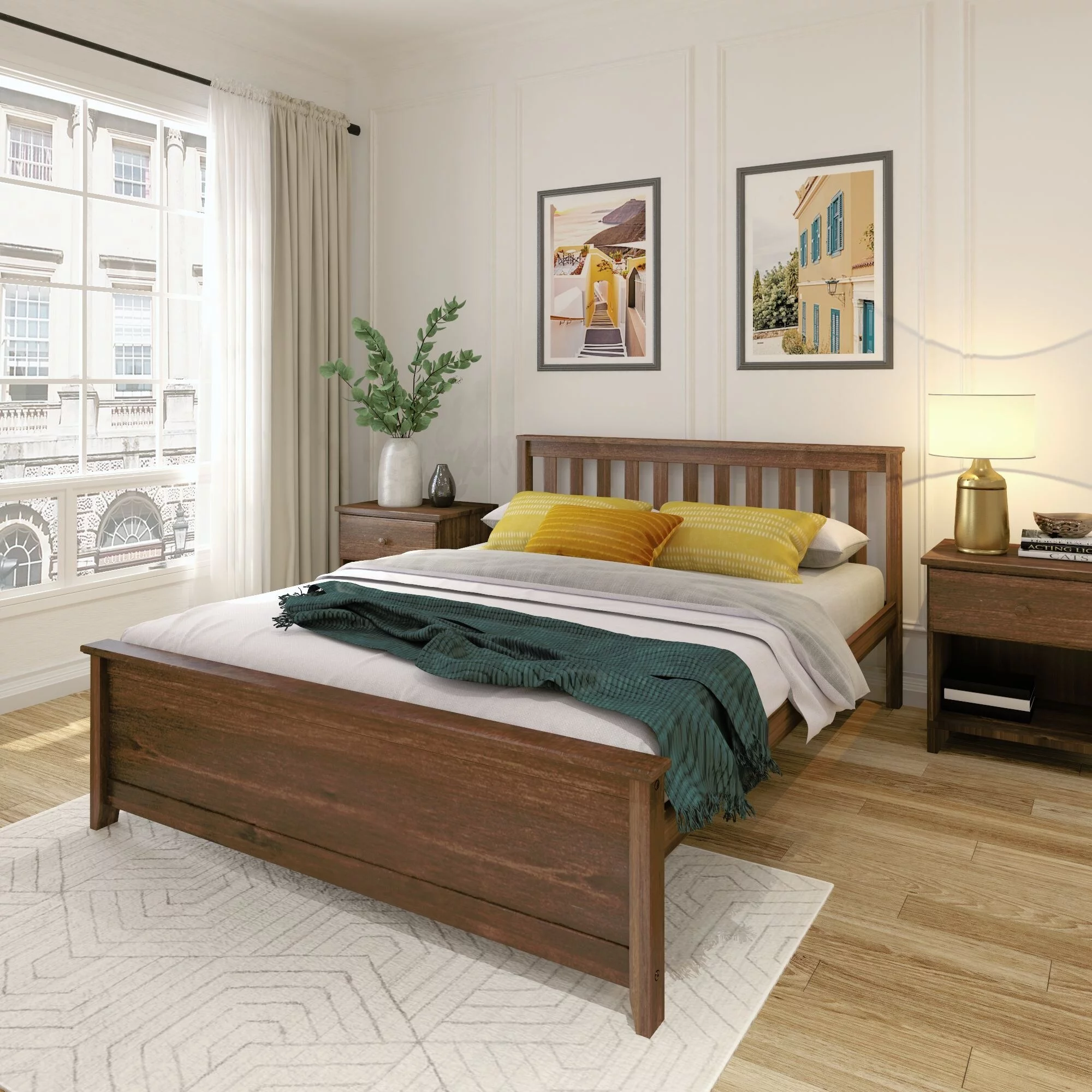 Plank+Beam Queen Bed Frame with Slatted Headboard, Classic Solid Wood Adults Platform Bed, Walnut