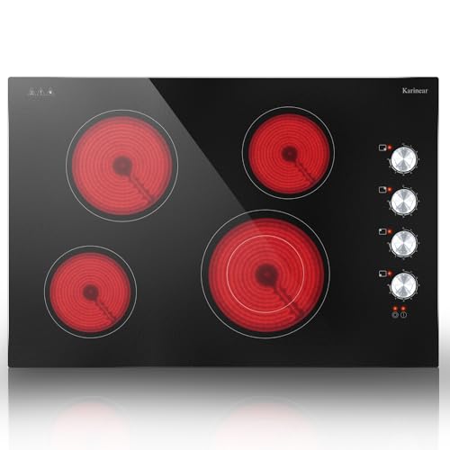 Karinear Electric Cooktop 30 Inch, 4 Burners Electric Stove Top, 30" Knob Control Built-in Electric Radiant Ceramic Cooktop, 6700W, 220~240V Hard Wire