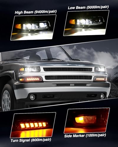 LED Headlights Assembly Headlamps Replacement for 1999-2002 Chevy Silverado 2000-2006 Suburban 00-06 Tahoe Sequential Turn Signal Hi/Low Beam DRL