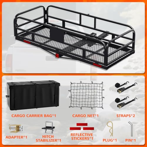 Hitch Mount Cargo Carrier Basket 500 LBS Folding Vehicle Cargo Baskets 60" x 24" x 14" Fits 2" Receiver with 2" Hitch Stabilizer for SUV