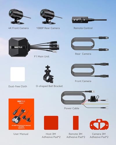 Vantrue F1 Motorcycle 4K Dash Cam Front and Rear, 4K + 1080P Motorcycle Camera, Full Body IP67 Waterproof, GPS Wi-Fi, 160° Wide Angle, Wired Remote