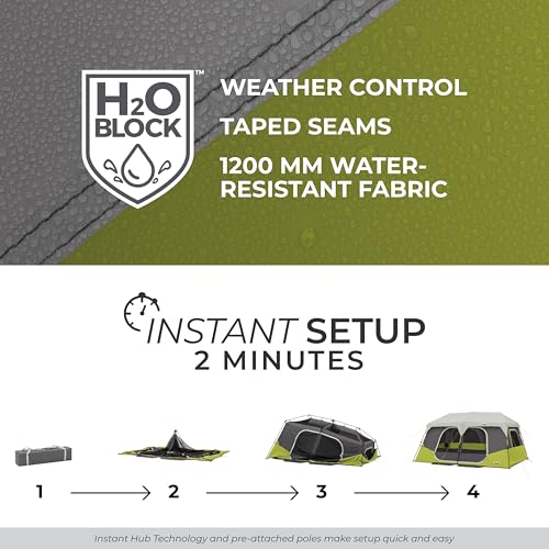 CORE Instant Cabin Tents | 6 Person / 9 Person / 10 Person / 12 Person Family Cabin Multi Room Pop Up Tents Car Camping | Included Storage Pockets