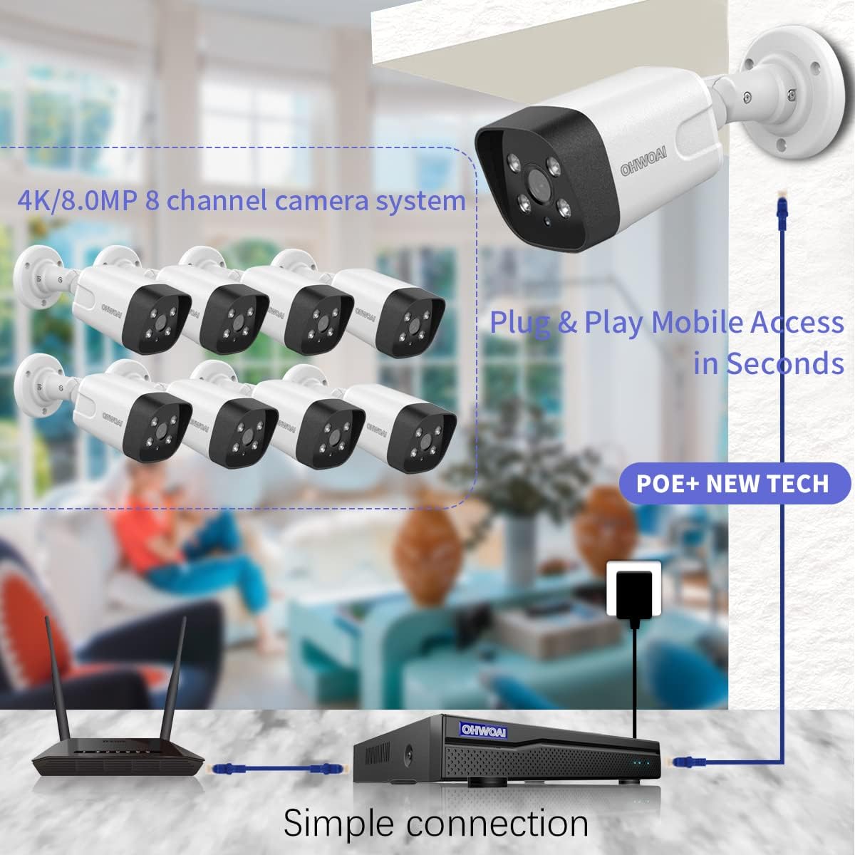4K POE Camera System,8pcs 8.0MP H.265 4K PoE Security Cameras Wired,Home Video Surveillance System,8MP/4K 8CH NVR,AI Human Detection