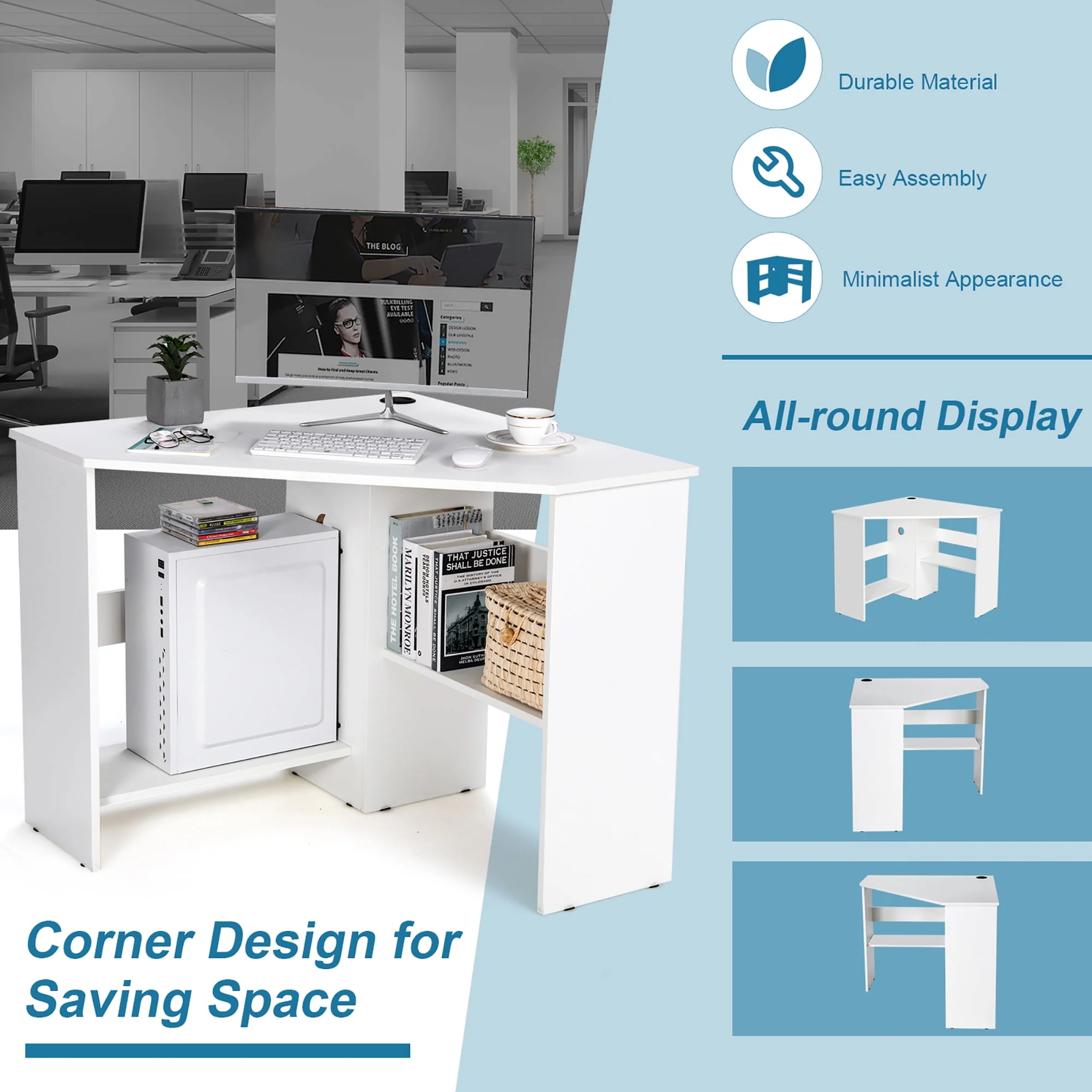 Costway Corner Computer Desk Triangle Writing Workstation w/Storage Shelf Rustic