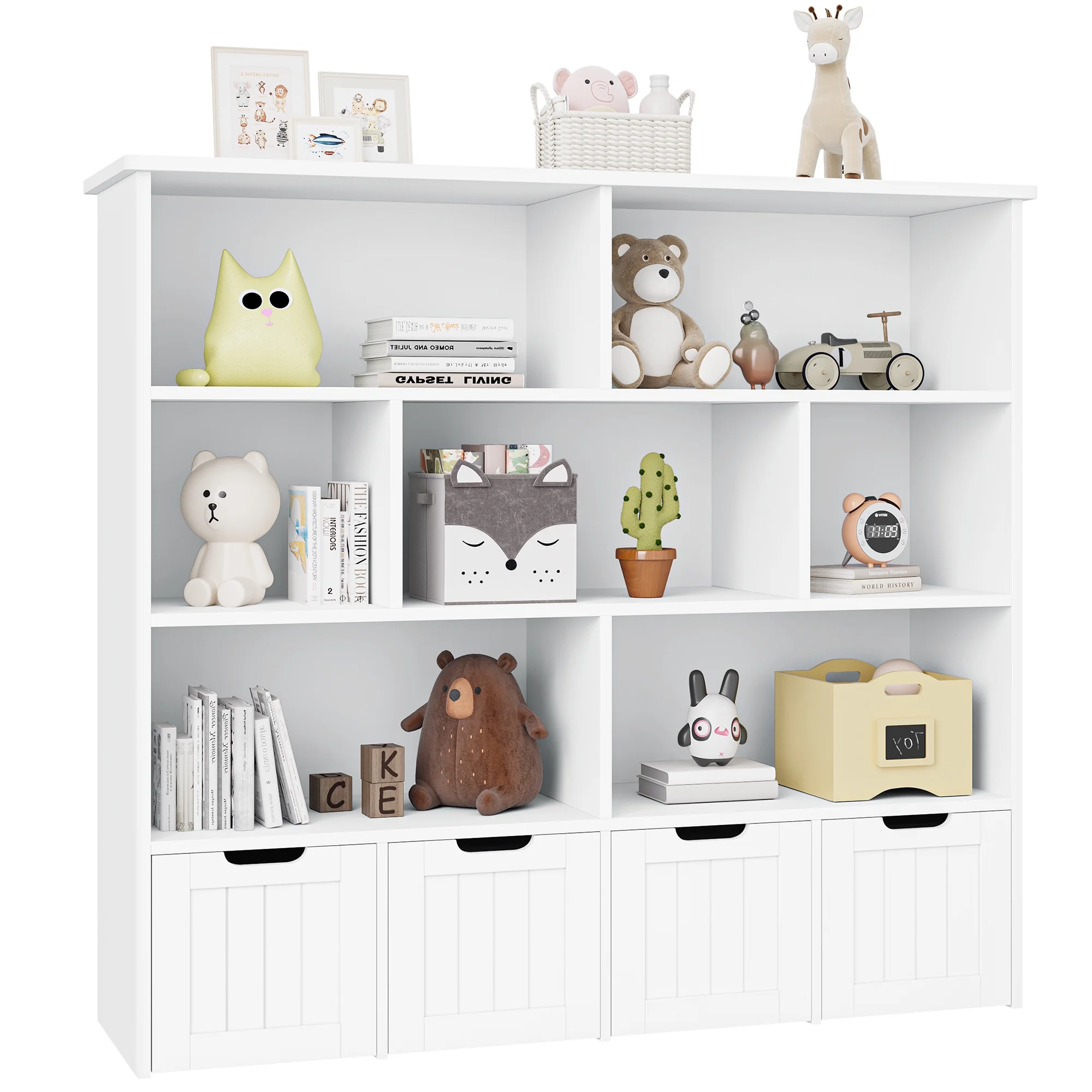 Homfa 7 Cube Toy Storage  Organizer, Kids Geometric Bookcase and Bookshelf with 4 Drawers, White - Curated Treasures Market