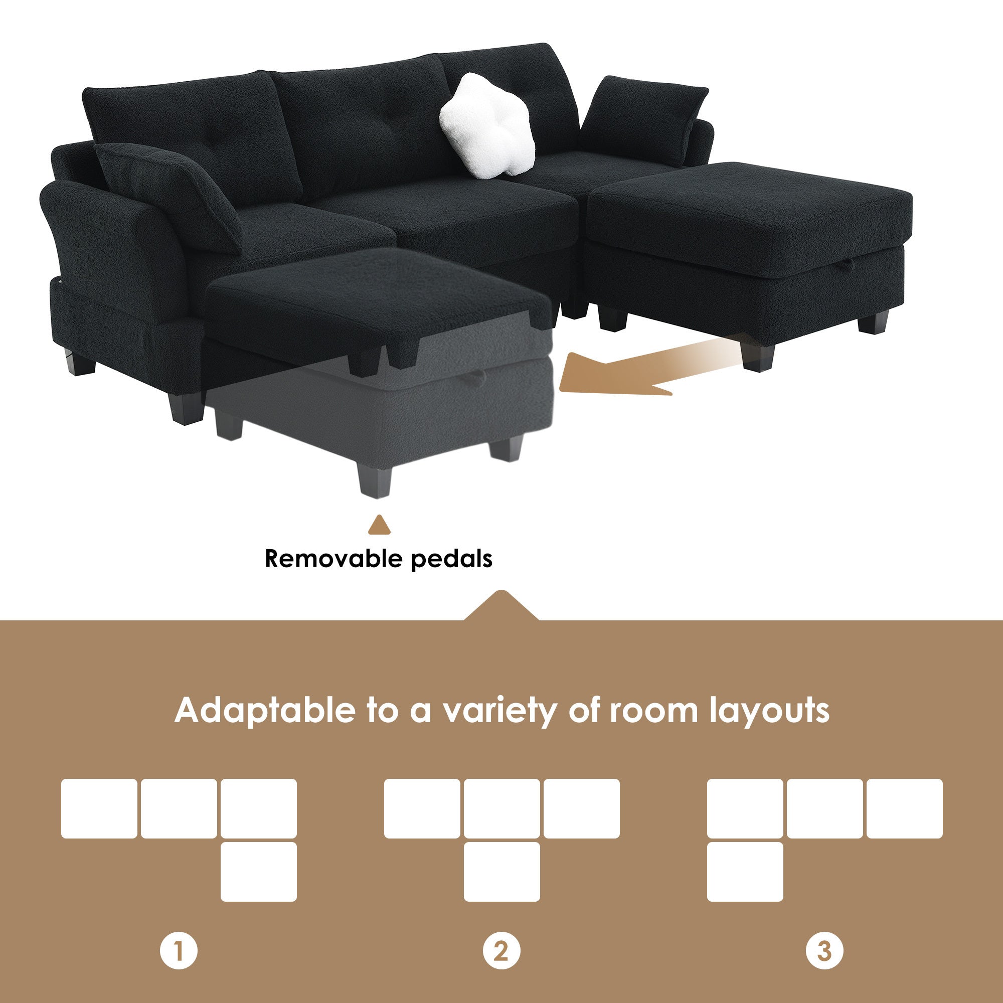 Fayen Velvet Sectional Sofa with Storage Ottoman - Black