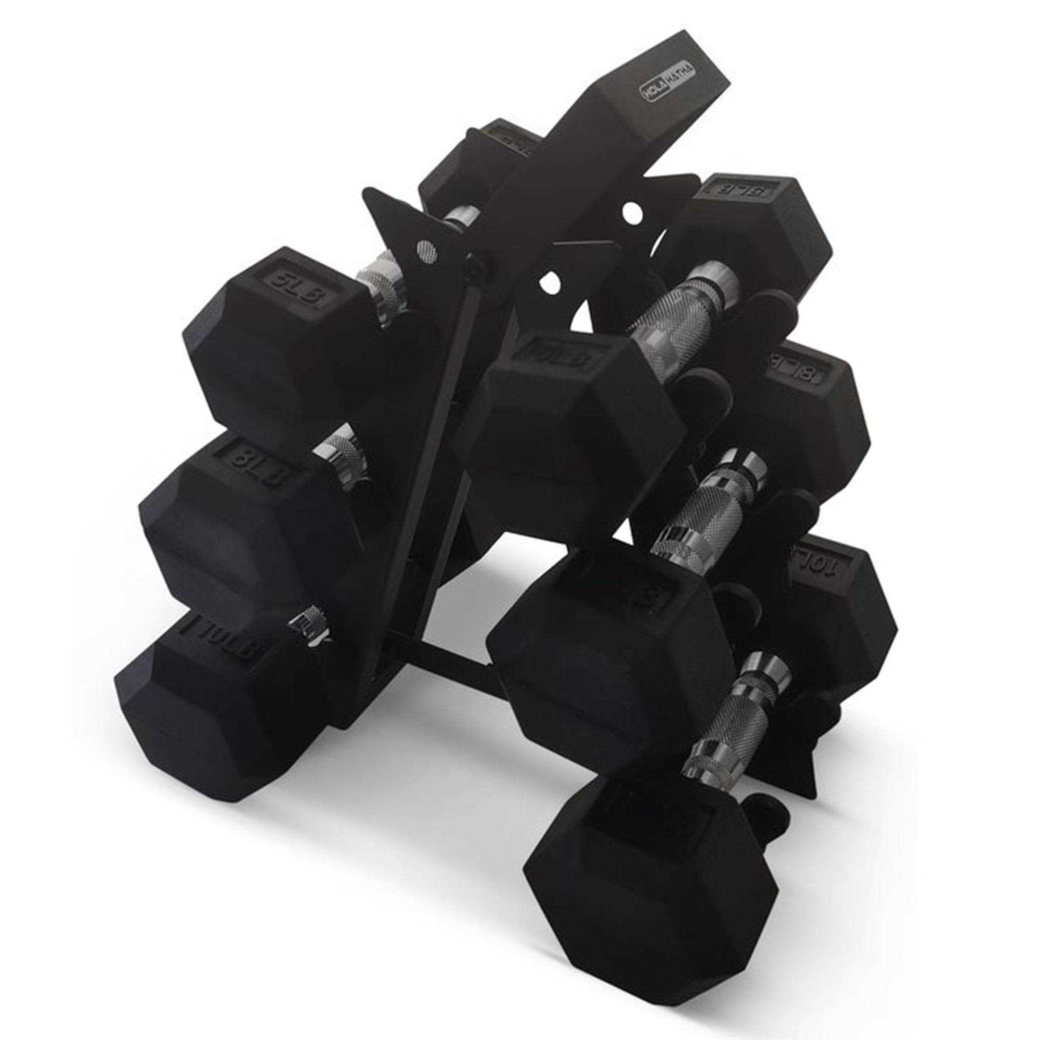 HolaHatha Hexagonal Dumbbell Free Hand Weight Set w/Rack - Sports Supplies Online Store