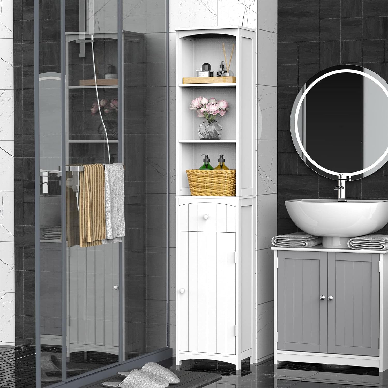 HOMCOM 67 Tall Bathroom Storage Cabinet, Freestanding Linen Tower with 3-Tier Shelf, Drawer and Cupboard, Narrow Side Floor Organizer, White