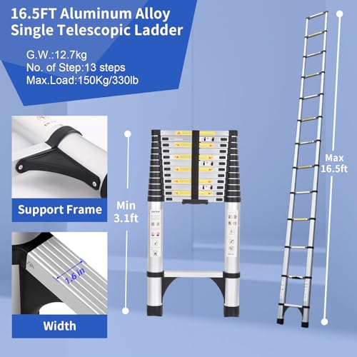 Telescoping Ladder 16.5 FT Extension Ladder Aluminum Lightweight Telescopic Ladder with 2 Triangle Stabilizers Telescoping Attic Ladder RV Ladders