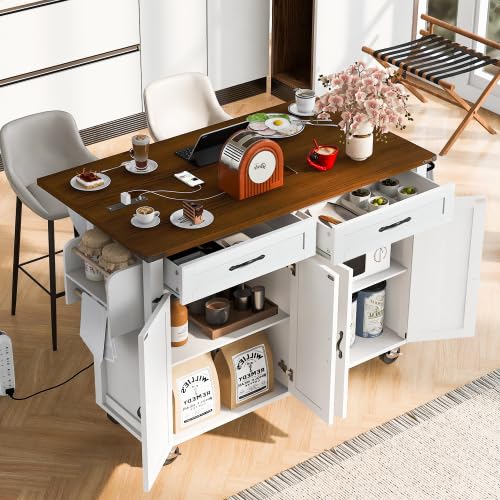 Bellemave Kitchen Island with Storage Cabinet on Wheels, 53.5'' Mobile Kitchen Cart with Power Outlet, Drop Leaf, Spice/Towel Rack and Drawer
