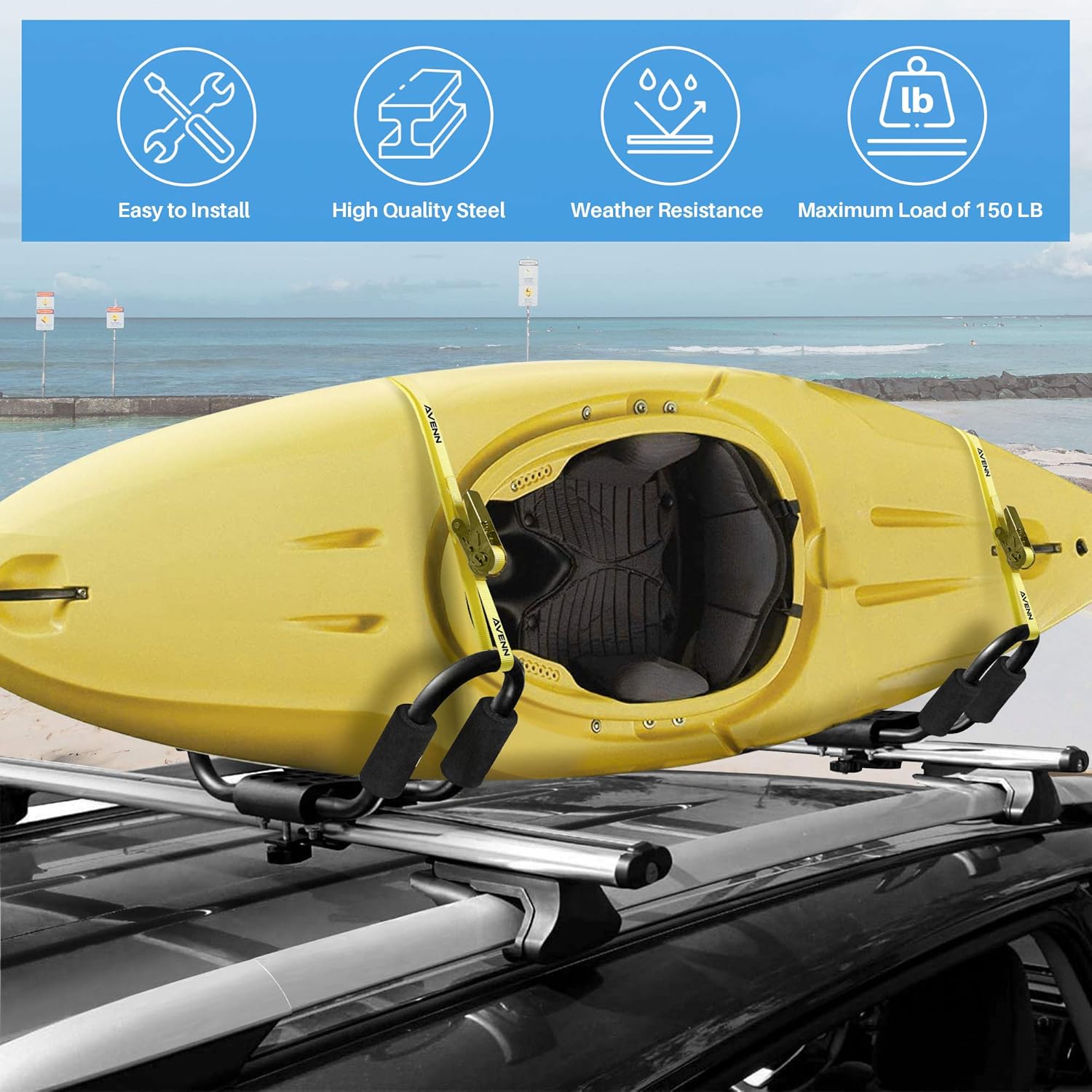 AVENN Rooftop J-Bar Kayak Rack for Canoe, Skis, Paddleboard or Surfboard, Heavy Duty Boat Carrier, Camping Storage Roof Mount for Car