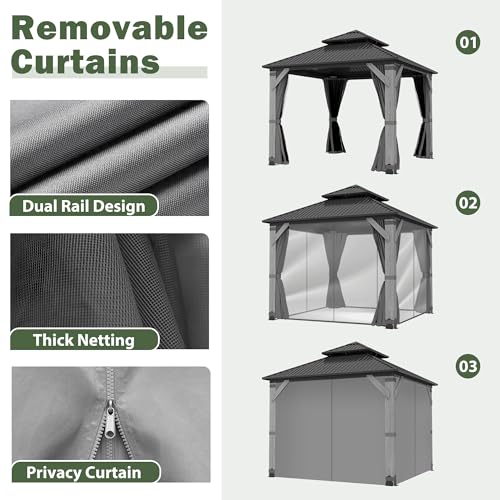 12'x12' Hardtop Gazebo, Outdoor Double Roof Galvanized Steel Gazebos, Aluminum Frame Permanent Pavilion with Curtains & Netting for Backyard, Patio