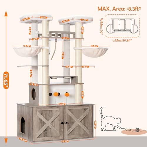 Heybly Cat Tree for Maine Coon with Litter Box Enclosure, 72-inch Wooden Cat Tower for Indoor Cats Large Adult, Big Condo with Food Station, Baskets