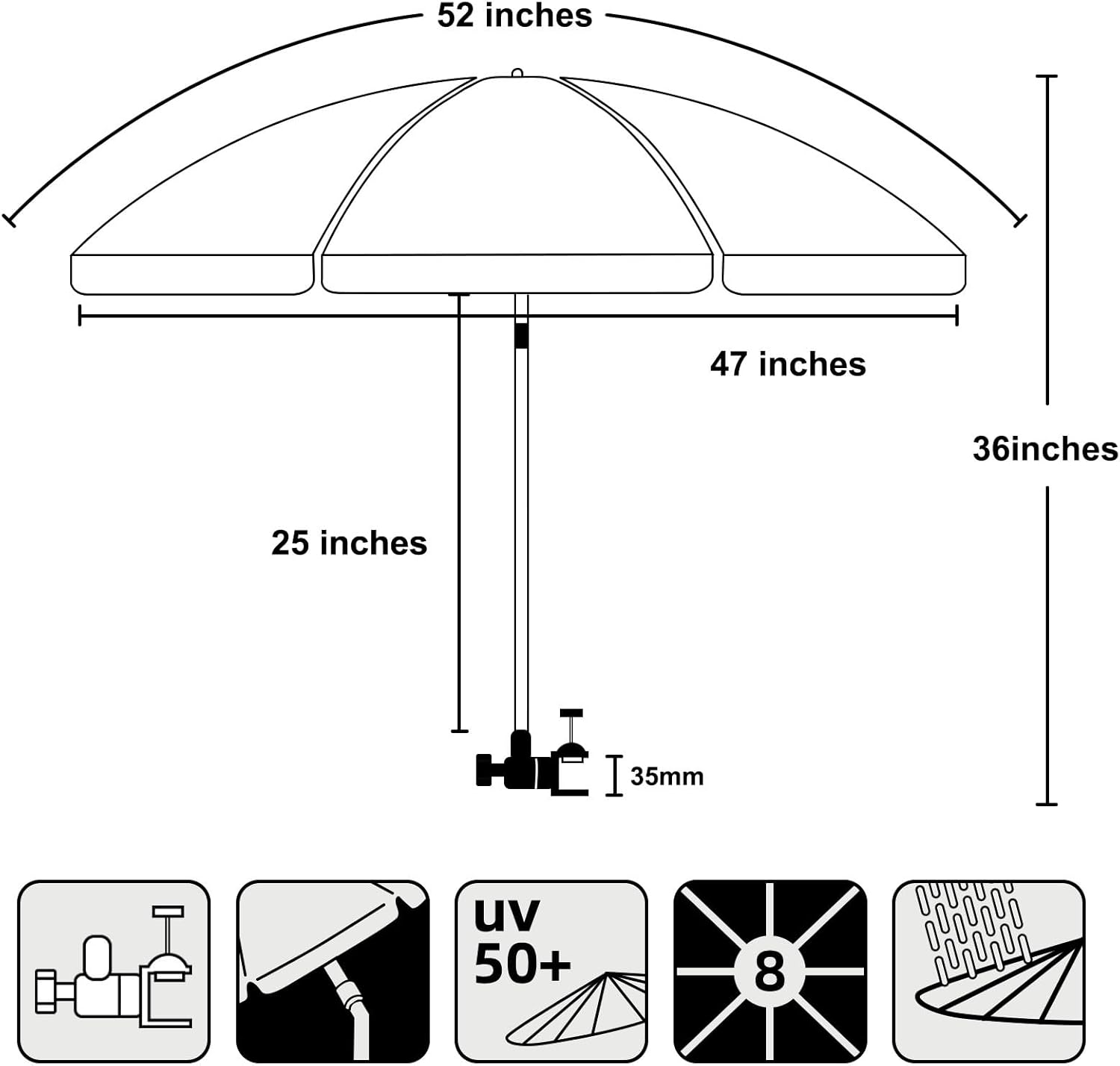 AMMSUN XL Chair Umbrella with Universal Clamp 52 inches and 360-degree Swivel UPF 50+, Portable Clamp on Camping or Beach Chair, Stroller, Wheelchair