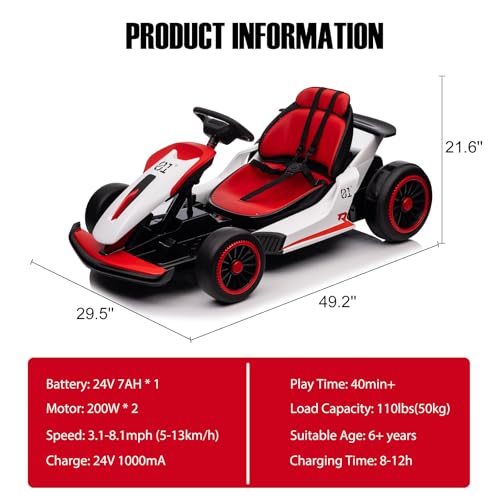 24V Go Kart for Kids, Electric Drift Kart with 2X200W Motor, 7AH Battery, Drift Function, Electric Pedals, and Safety Belt