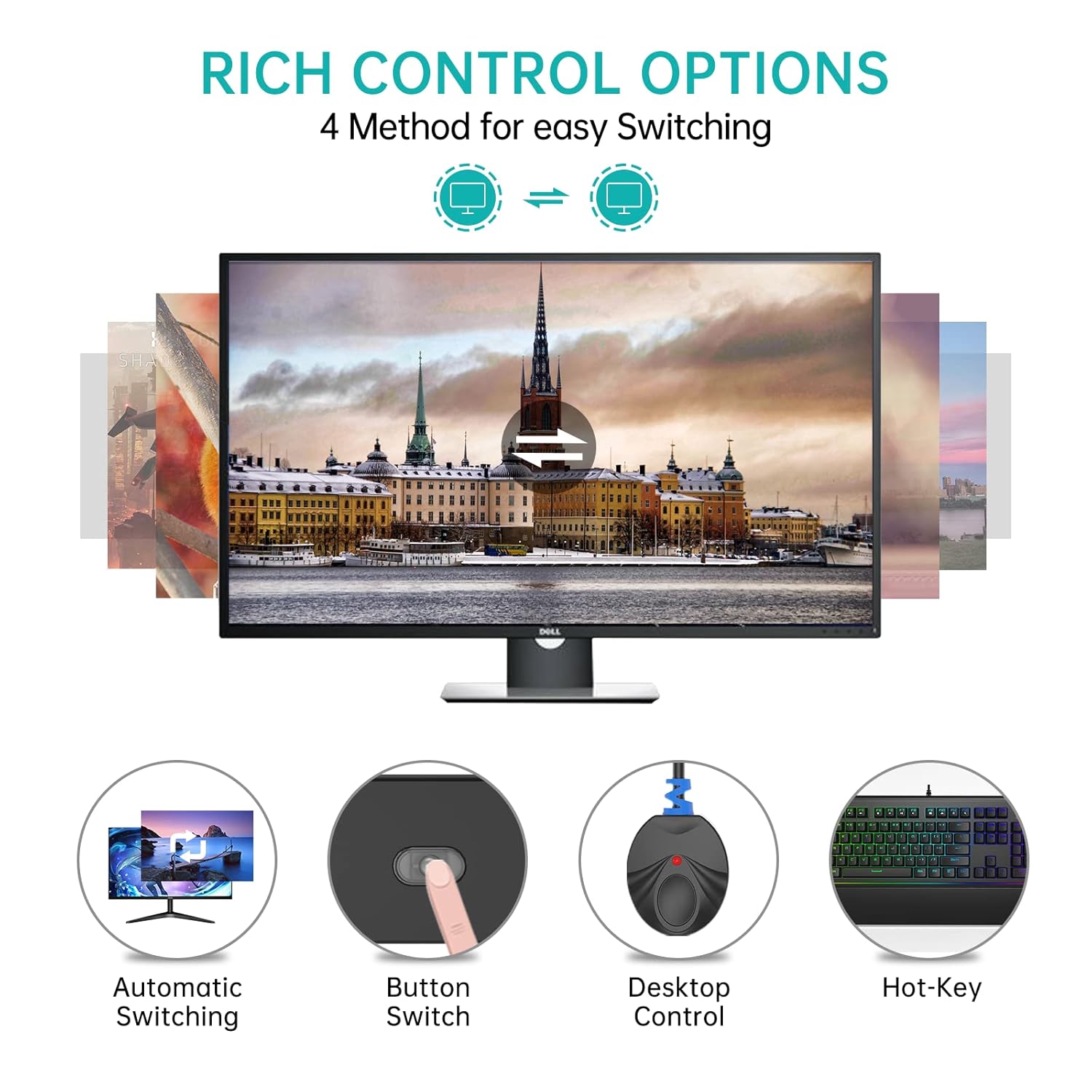 DisplayPort 4 Port MT-VIKI KVM Switch 4x1 with 4 DP Cables+ 4 USB Cables 4K@60Hz 4:4:4 UHD Support HDCP 2.2 DP1.2 Hotkey for Windows, Linux, etc.
