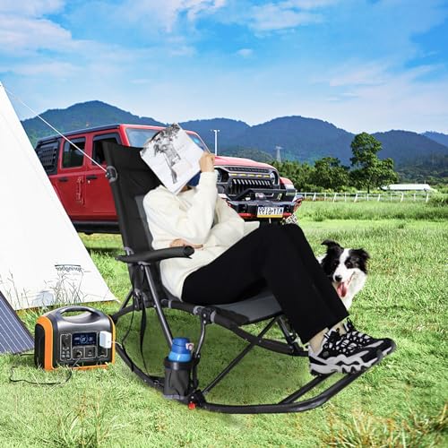 Folding Rocking Camping Chair with Foot Rest Portable Oversized Padded Rocking Chair for Outdoor Camp, Garden, Lawn