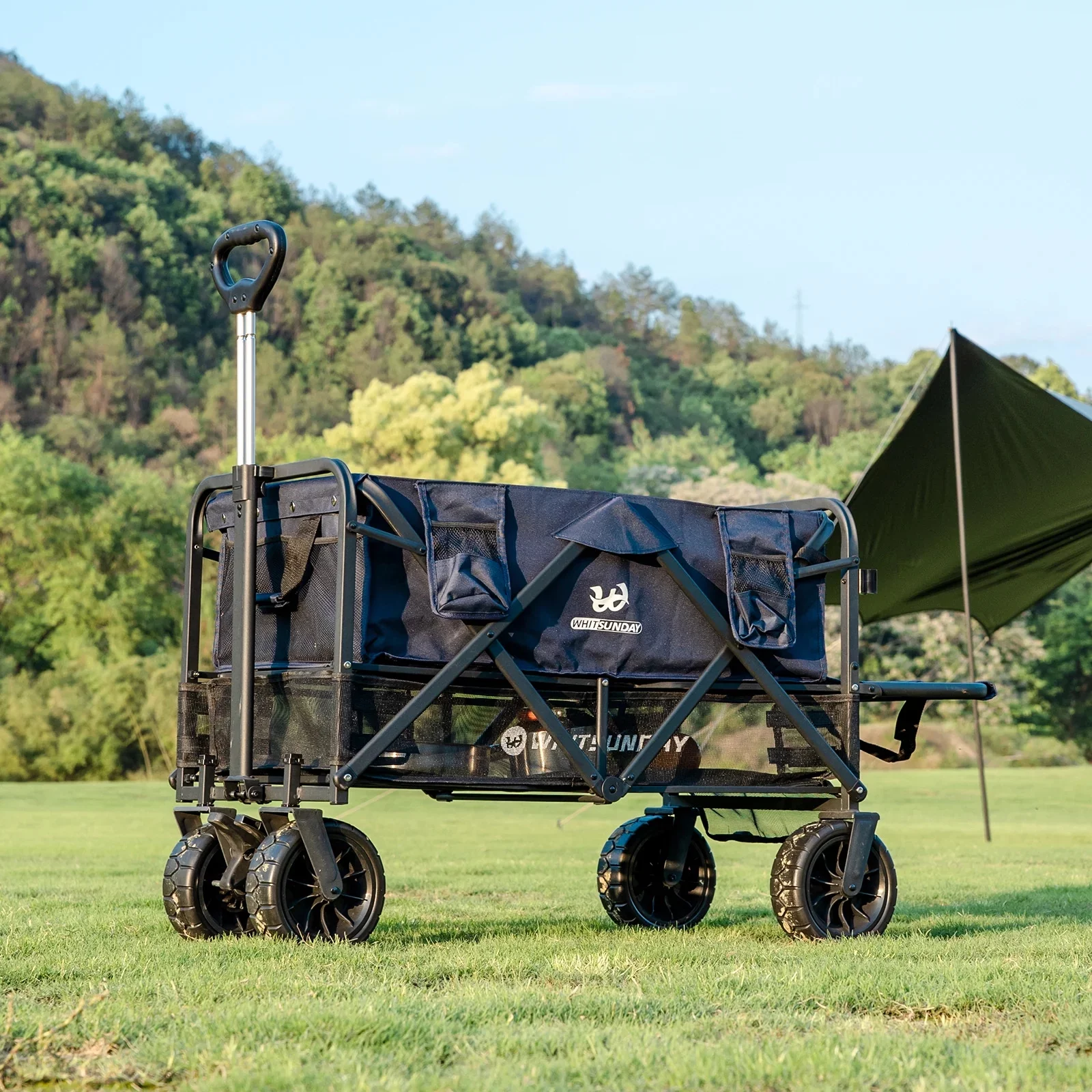Collapsible Double Decker Wagon, Heavy Duty Foldable Wagon with All-Terrain Big Wheels, Beach Wagon for Camping, Sports, Shopping, Garden