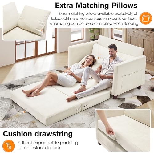 51" Loveseat Sleeper Sofa Bed, Chenille Convertible Floor Sofa Bed for Small Spaces, Folding Couch Bed with Deep Seat, 2 Pillows & Solid Frame