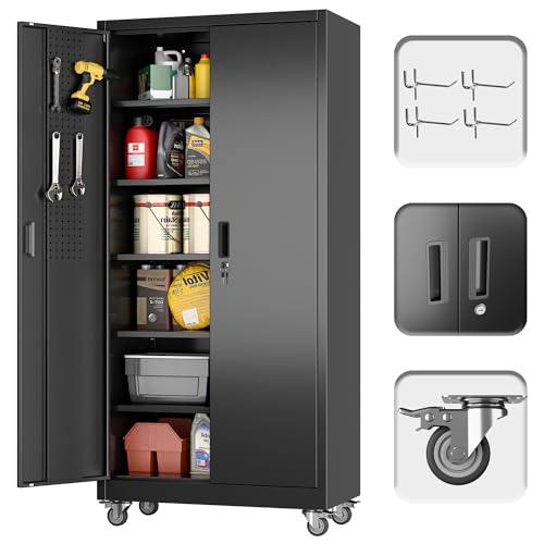 Garage Storage Cabinet with Wheels & Pegboard, 72" H Locking Metal Storage Cabinet with Doors and 4 Adjustable Shelves for Garage Workshop Home