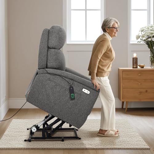 MCombo Power Lift Recliner Chair with Massage and Dual Heating, Adjustable Headrest, Extended Footrest for Elderly People, Fabric R7605 (Dark Grey)