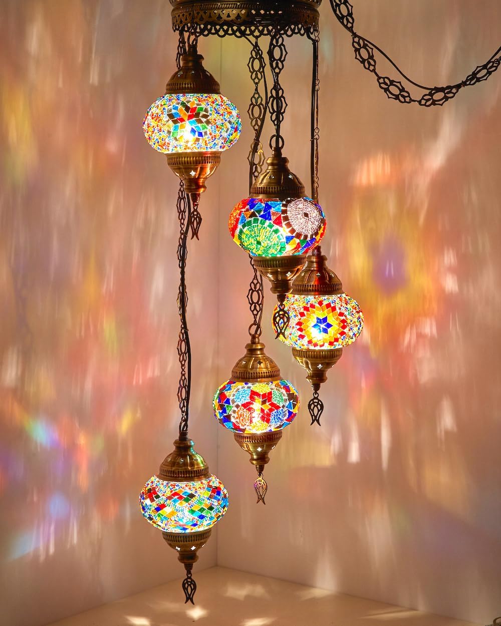 DEMMEX PLUGIN Turkish Moroccan Mosaic Chandelier Light, Ceiling Hanging Lamp Pendant Light Fixture with 15ft 4.5mt Cord Chain and Plug, Handmade