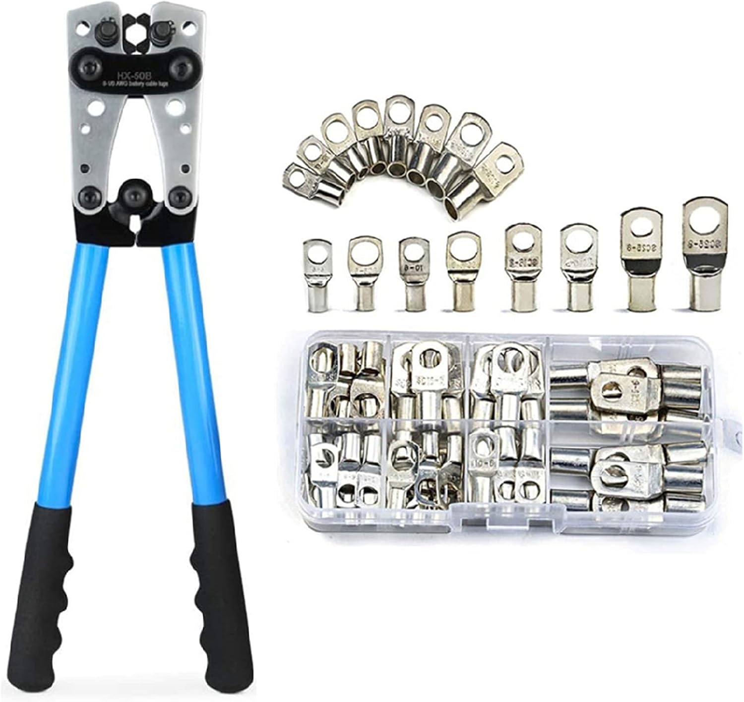 HKS Battery Cable Lug Crimping Tool 10-1 AWG with 60Pcs Copper Ring Terminals 8 Sizes Cable Lugs Set