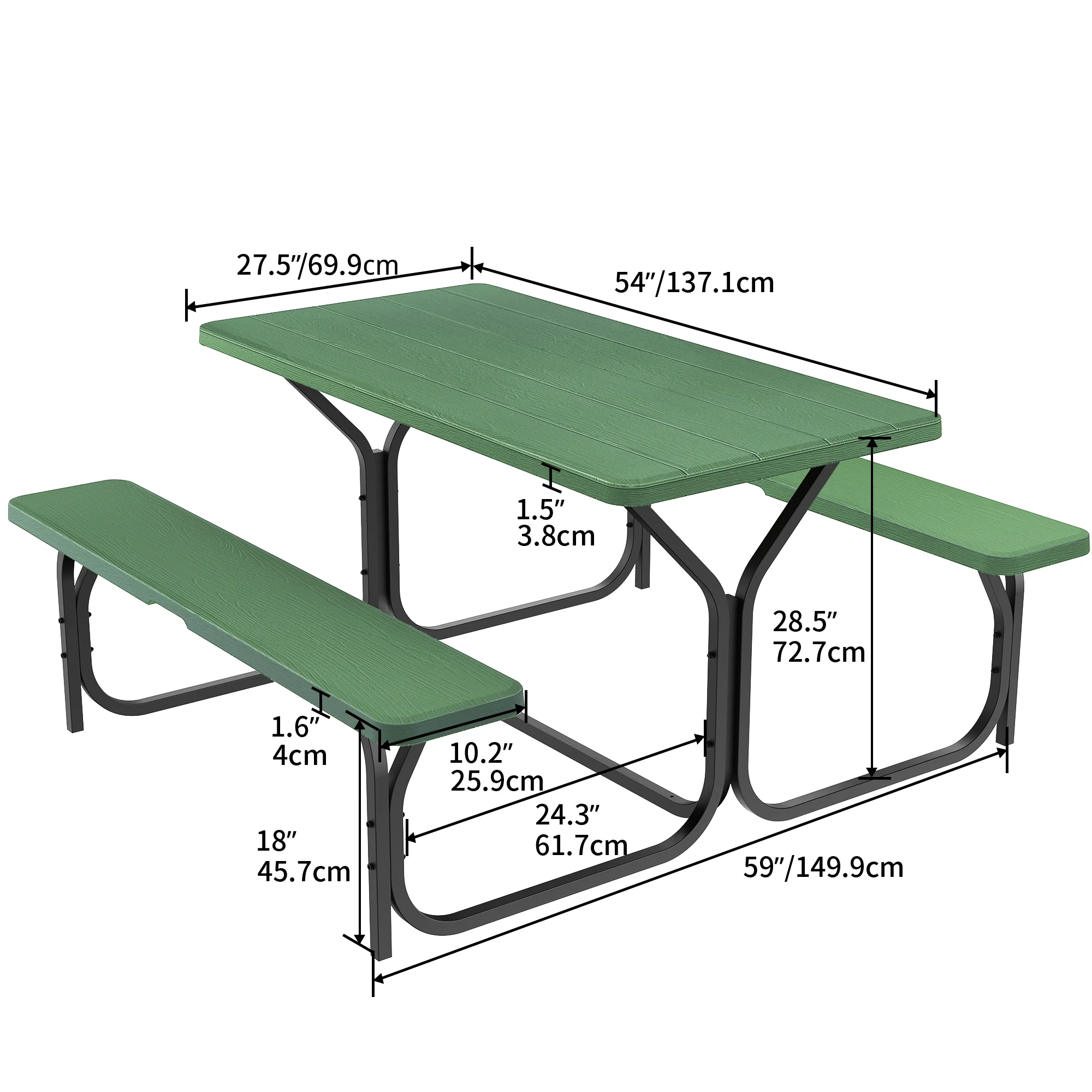 Dextrus Heavy-Duty Outdoor Picnic Table Set with Weatherproof Resin Tabletop, Sturdy Steel Frame for Yard, Patio, and Lawn, Green