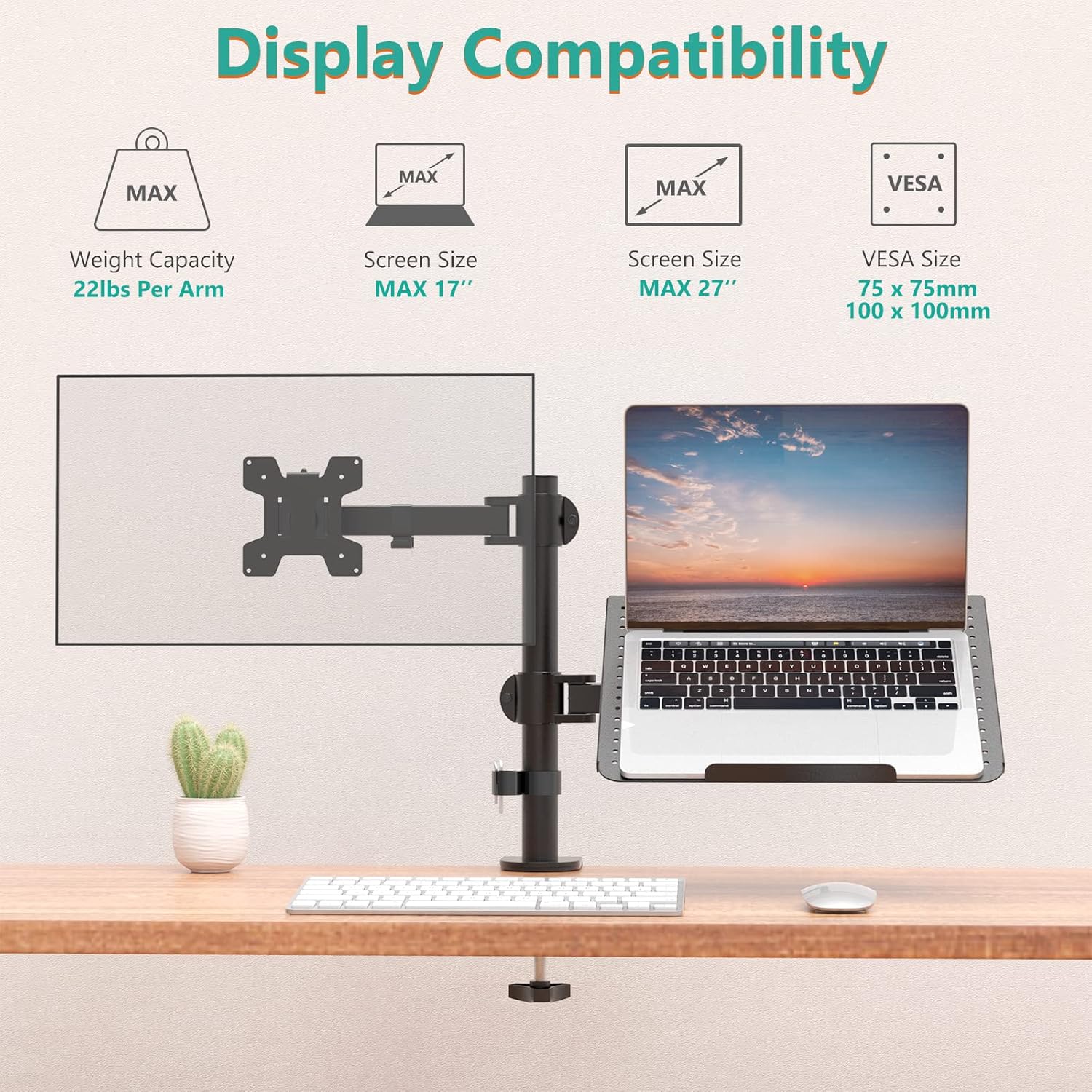 WALI Laptop and Monitor Mount Stand, Single Monitor Desk Mount with Tray for 1 Laptop Notebook up to 17 inch and 1 LCD Monitor Mount up to 27 inch