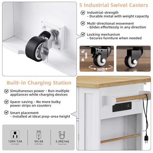 Kitchen Island with Drop Leaf & Power Outlet, Rolling Kitchen Islands Cart with 5 Open Storage Shelves & Towel Rack