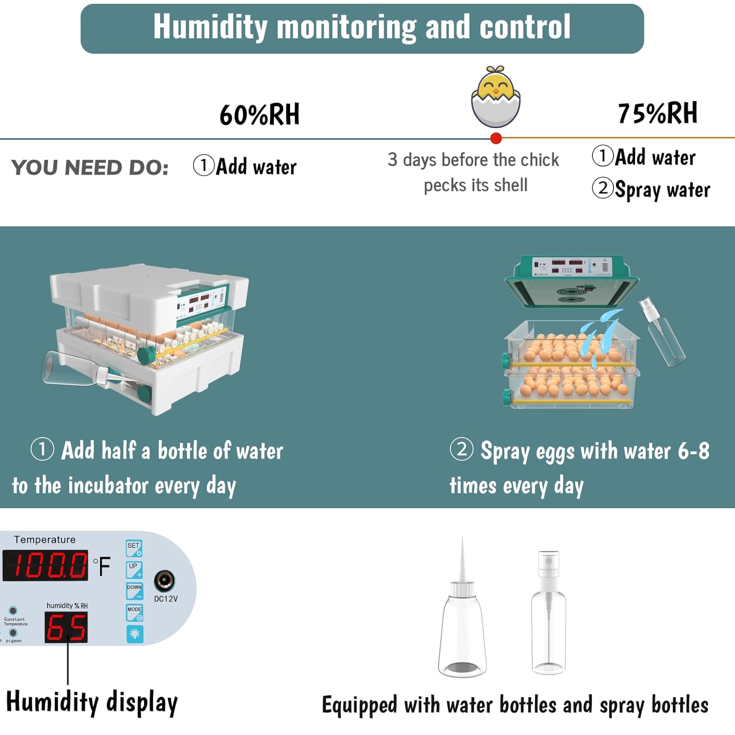 Egg Incubator, Egg Incubator with Automatic Egg Turning and Humidity Monitoring, Incubator for Chicken Eggs, 120 Eggs Incubator with Egg Candler