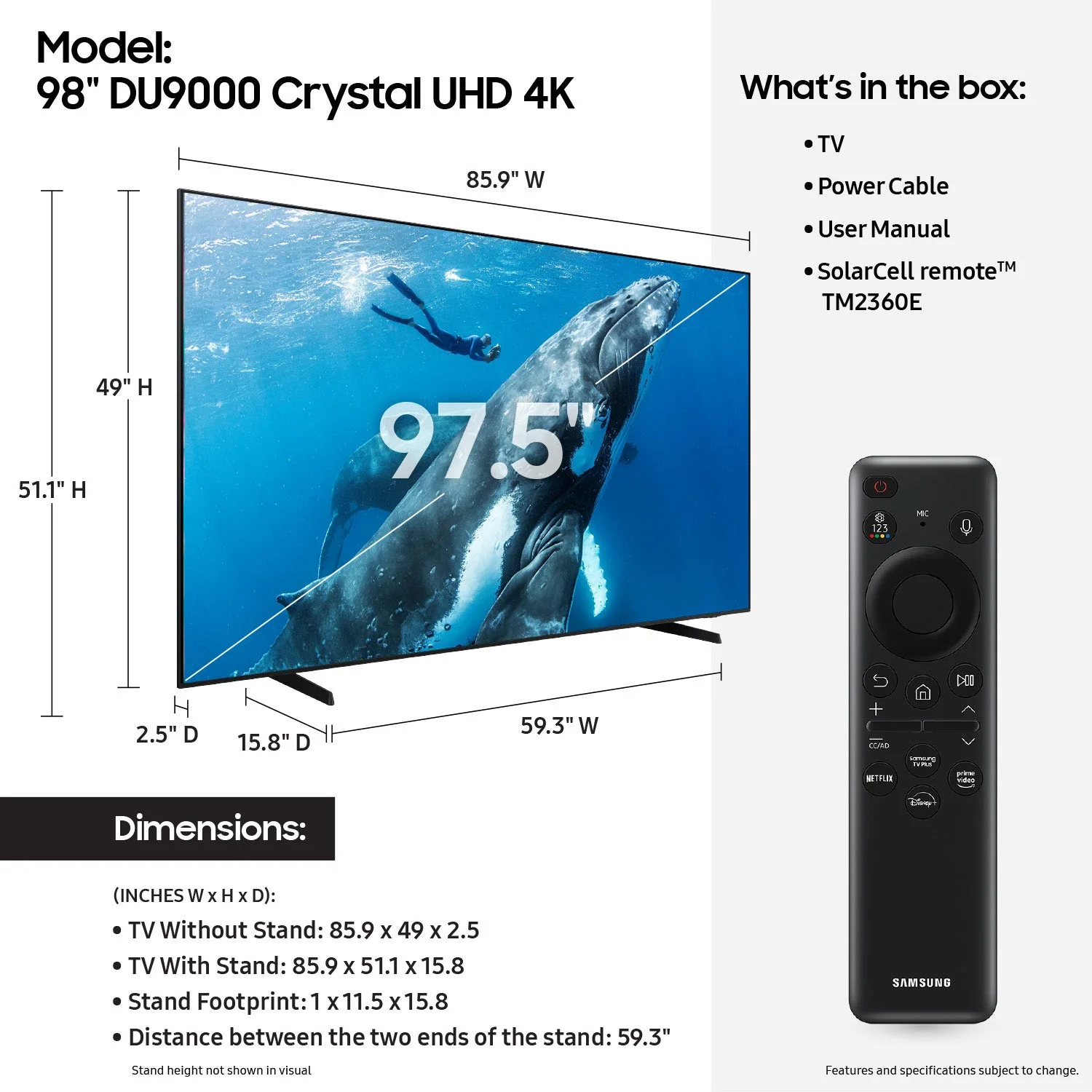 SAMSUNG 98 Inch Flat Screen Class DU9000 Crystal UHD Smart Big TV Electronics HDR UN98DU9000FXZA 2024