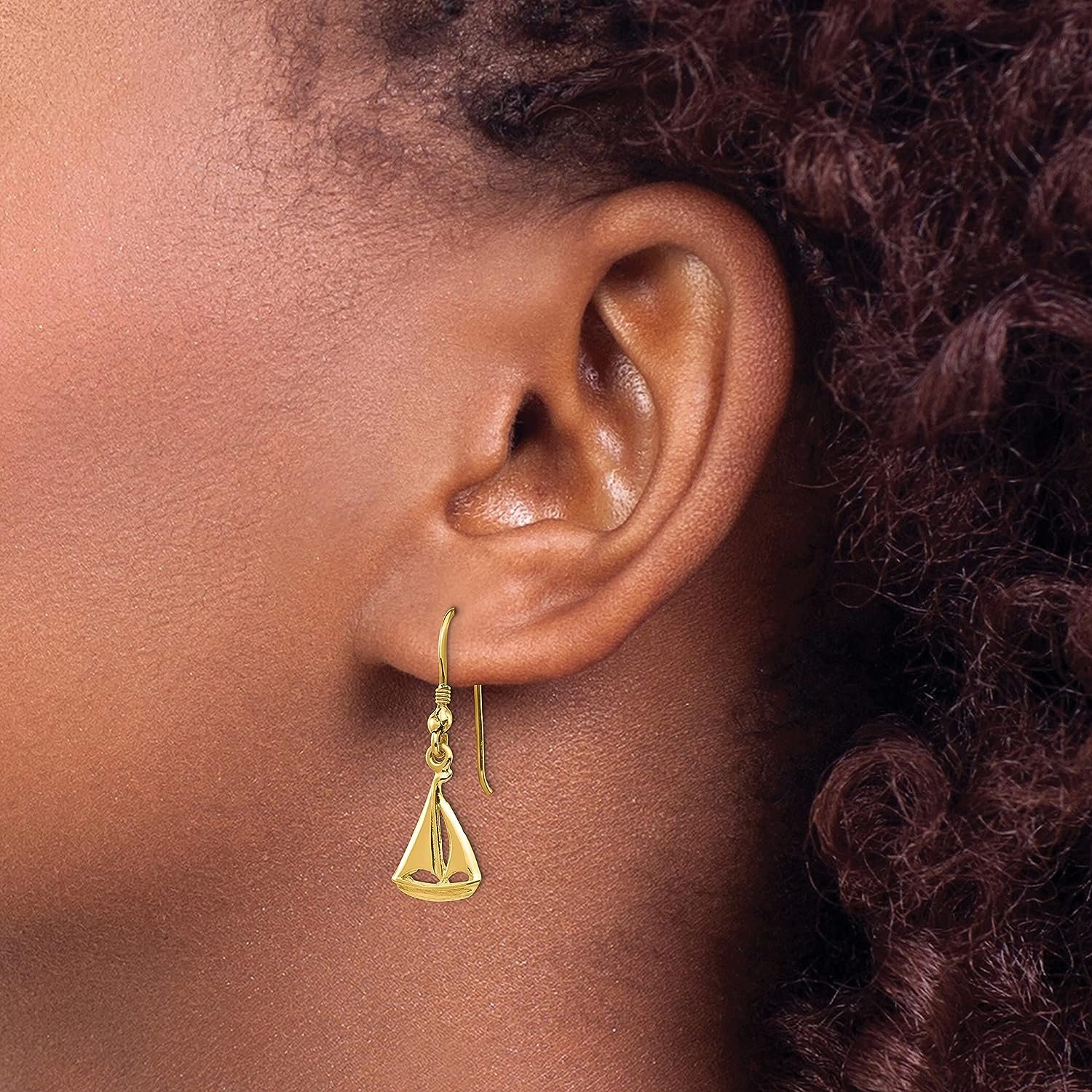 14K Yellow Gold Sailboat Shepherd Hook Earrings - 30.8mm
