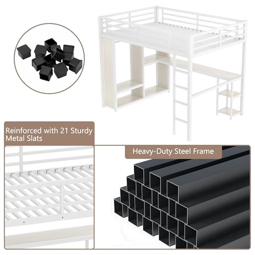 Queen Heavy Duty Metal Loft Bed with L-Shaped Desk, Wardrobe & 5 Storage Shelves – Space-Saving Design for Kids, Teens, Adults – CPC Certified