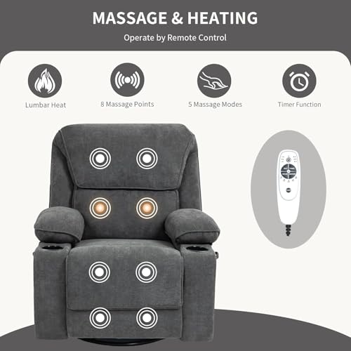 Rocker Recliner Chair with Massage and Heated, 360°Swivel Rocking Chairs with Cup Holders Remote Control for Living Room (Gray Oatmeal)