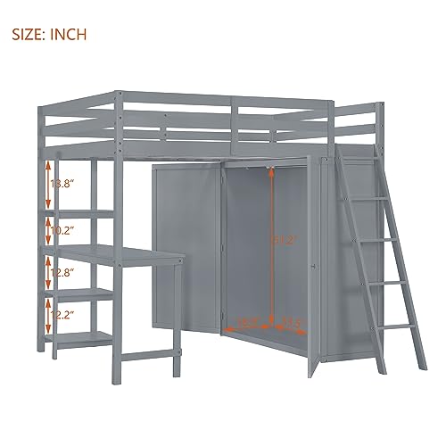 Twin Loft Bed with Staircase, Desk and Wardrobe, Wood Loft Bed with Storage Shelves and Safety Guardrail