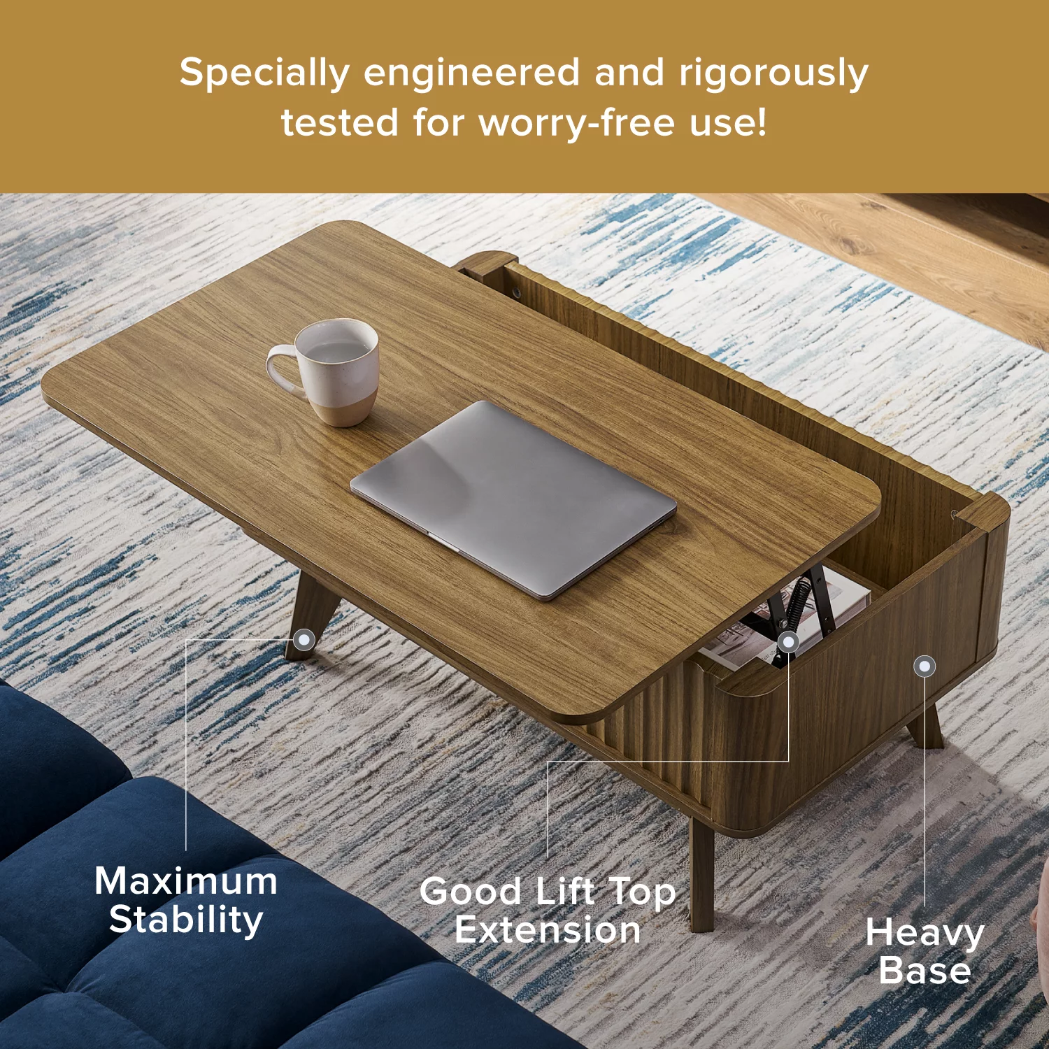 Mopio Brooklyn Mid-Century Modern Lift Top Coffee Table with Storage for Living Room, Waveform Panel (Walnut)