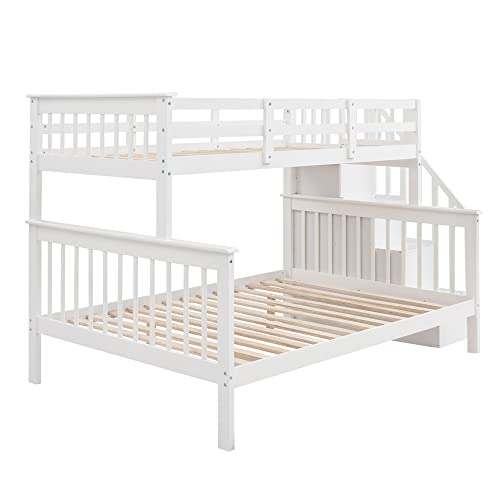Ball & Cast Twin-Over-Twin Bunk Bed with Twin-Size Trundle and 3 Storage Stairs,Wood Bunkbed w/Full-Length Guardrails,Slat Support