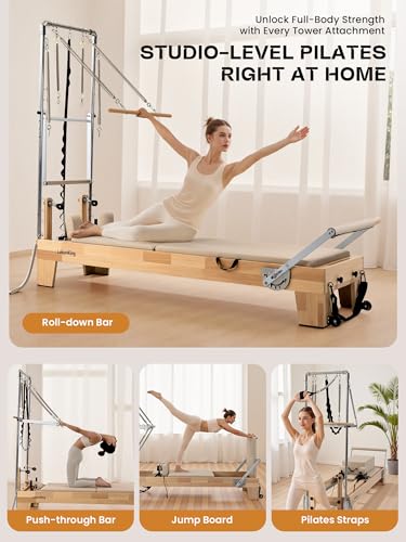 Pilates Reformer Machine, Quick-Assembly Foldable Studio Grade Pilates Equipment for Gym and Home, Oak Wood Pilates Reformer with Reformer Accessories