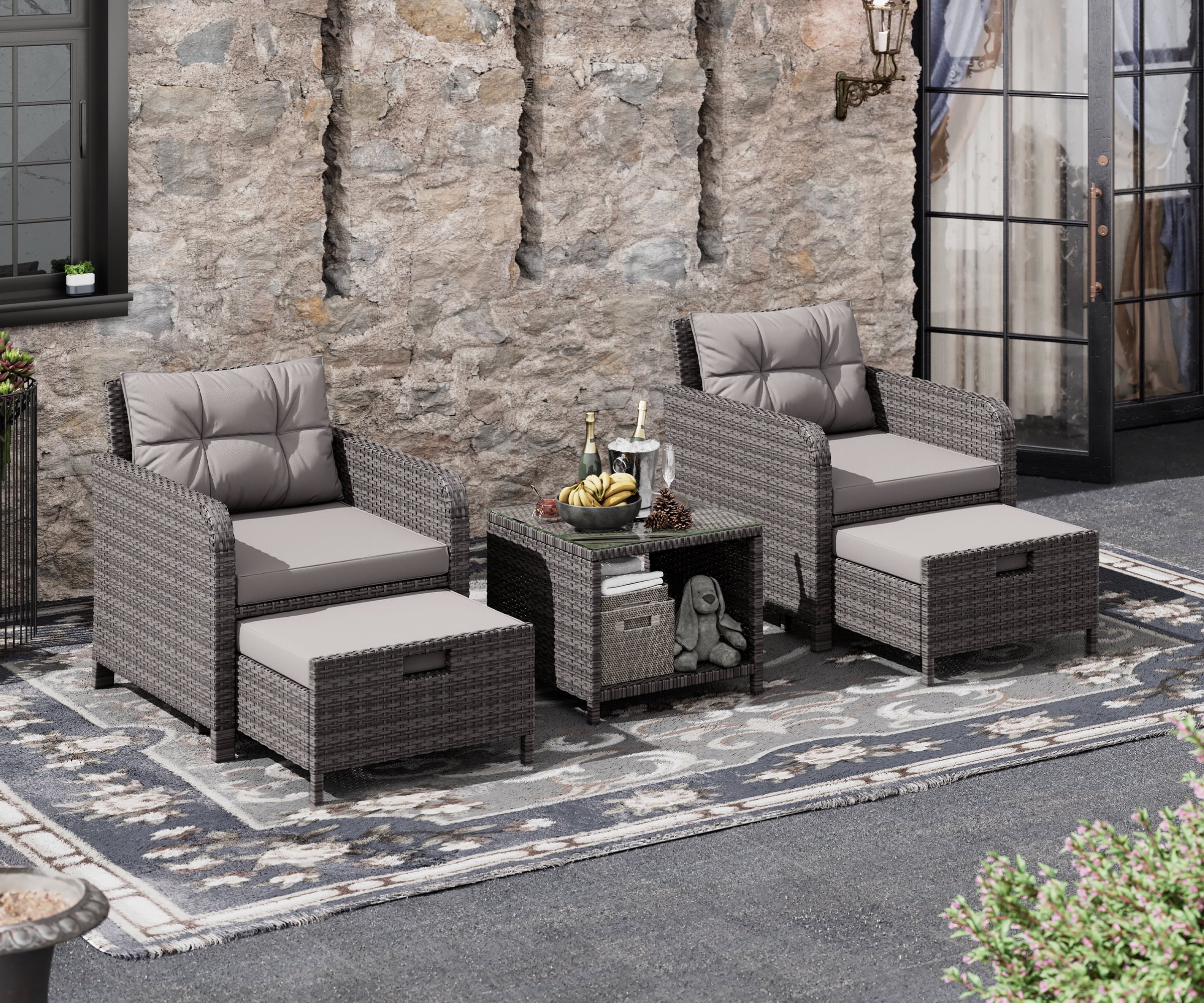 LHBcraft Balcony Furniture 5 Piece Patio Conversation Set, PE Wicker Rattan Outdoor Lounge Chairs with Soft Cushions 2 Ottoman&Glass Table for Porch
