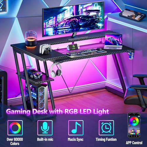 55 Inch Gaming Desk with Power Outlet & LED Lights, L Shaped Gamer Computer Table with Storage Shelves for Bedroom, Corner Home Office Desk