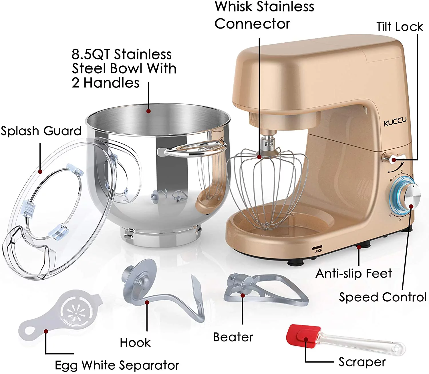Kuccu Stand Mixer, 8.5 Qt 660W, 6-Speed Tilt-Head Food Dough Mixer, Electric Kitchen Mixer with Dough Hook, Flat Beater & Wire Whisk