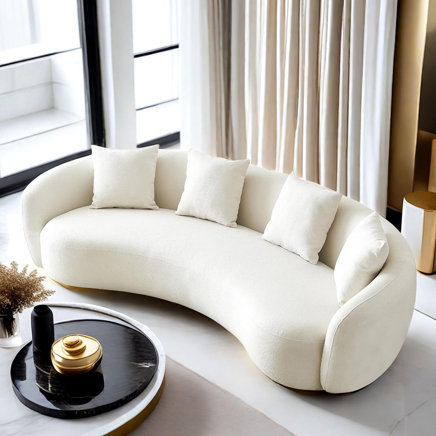 Teddy Fabric Curved, 101" Mid Century Modern Half Moon Sectional Cloud Luxury 4-Seat Sofa Couch with 4 Throw Pillows for Living Room Apartment
